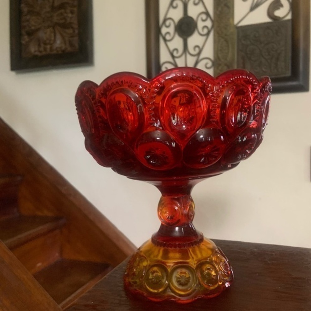 Vintage Mid Century Modern Moon & Stars Red Amberina Glass Round Pedestal Bowl - Picture 1 of 11
